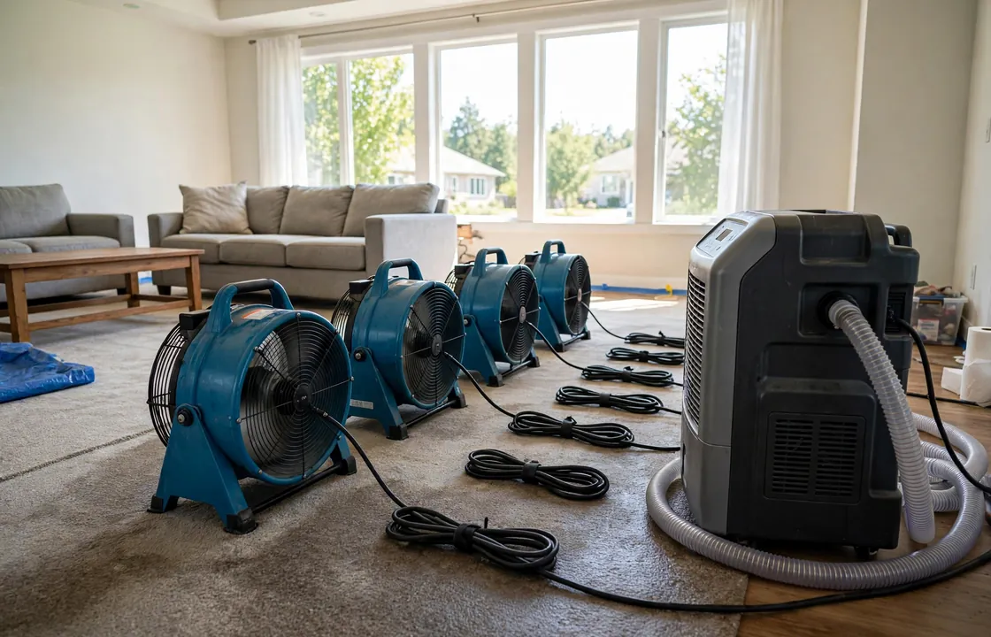 Industrial air movers and dehumidifier drying a home after water damage
