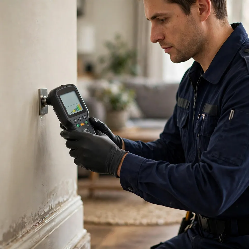 Technician checking wall moisture with a meter during a water damage inspection